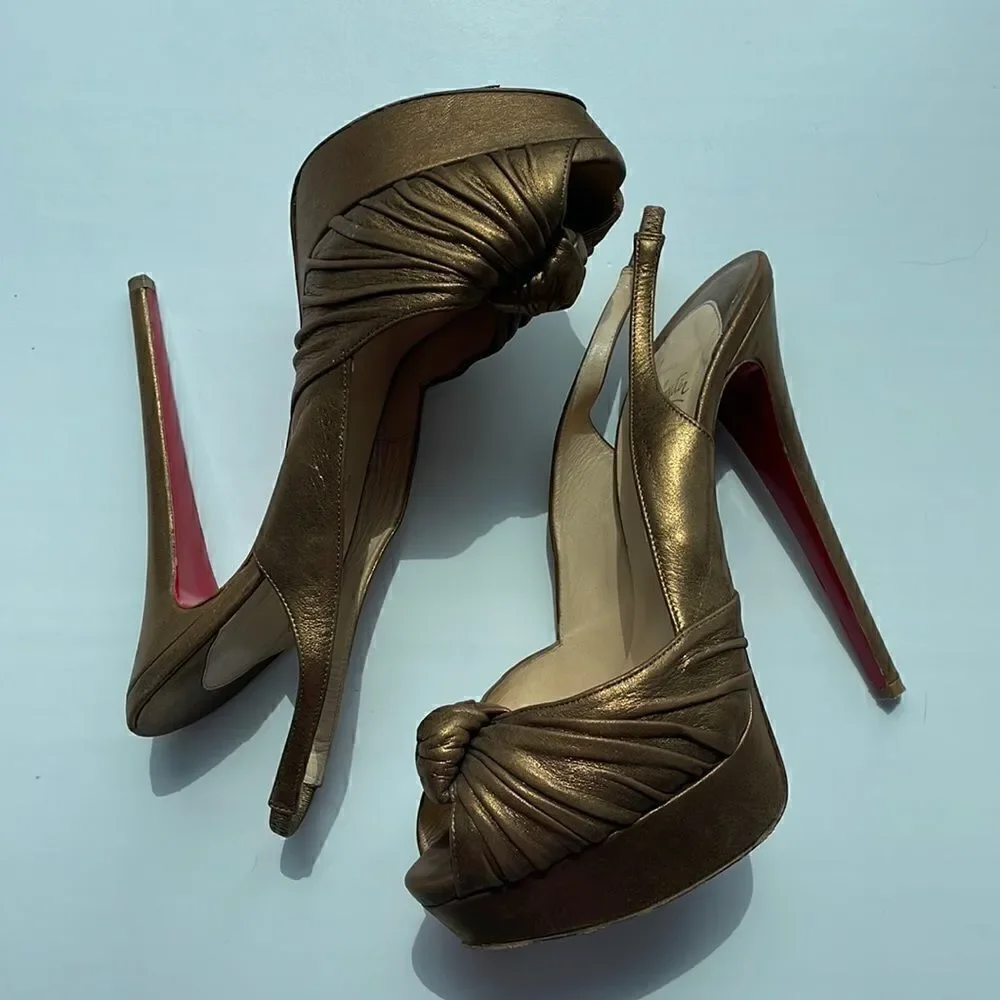 Christian Louboutin Peep Toe Golden Glam Bronze Leather Red Bottom Heels 40.5